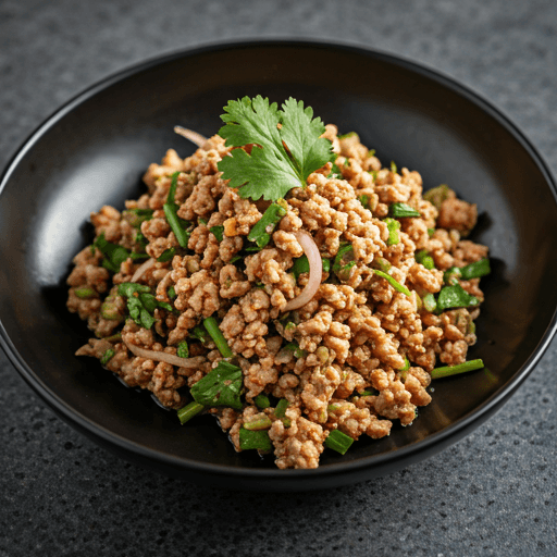 Flavorful minced meat salad with fresh herbs, toasted rice powder, and zesty lime