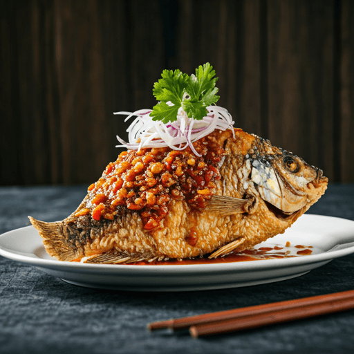 Crispy whole fish topped with a sweet and tangy chili sauce, garnished with fresh herbs